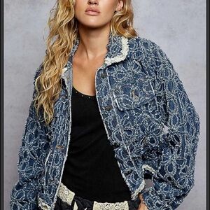 POL Distressed Blue Lace Denim Jacket